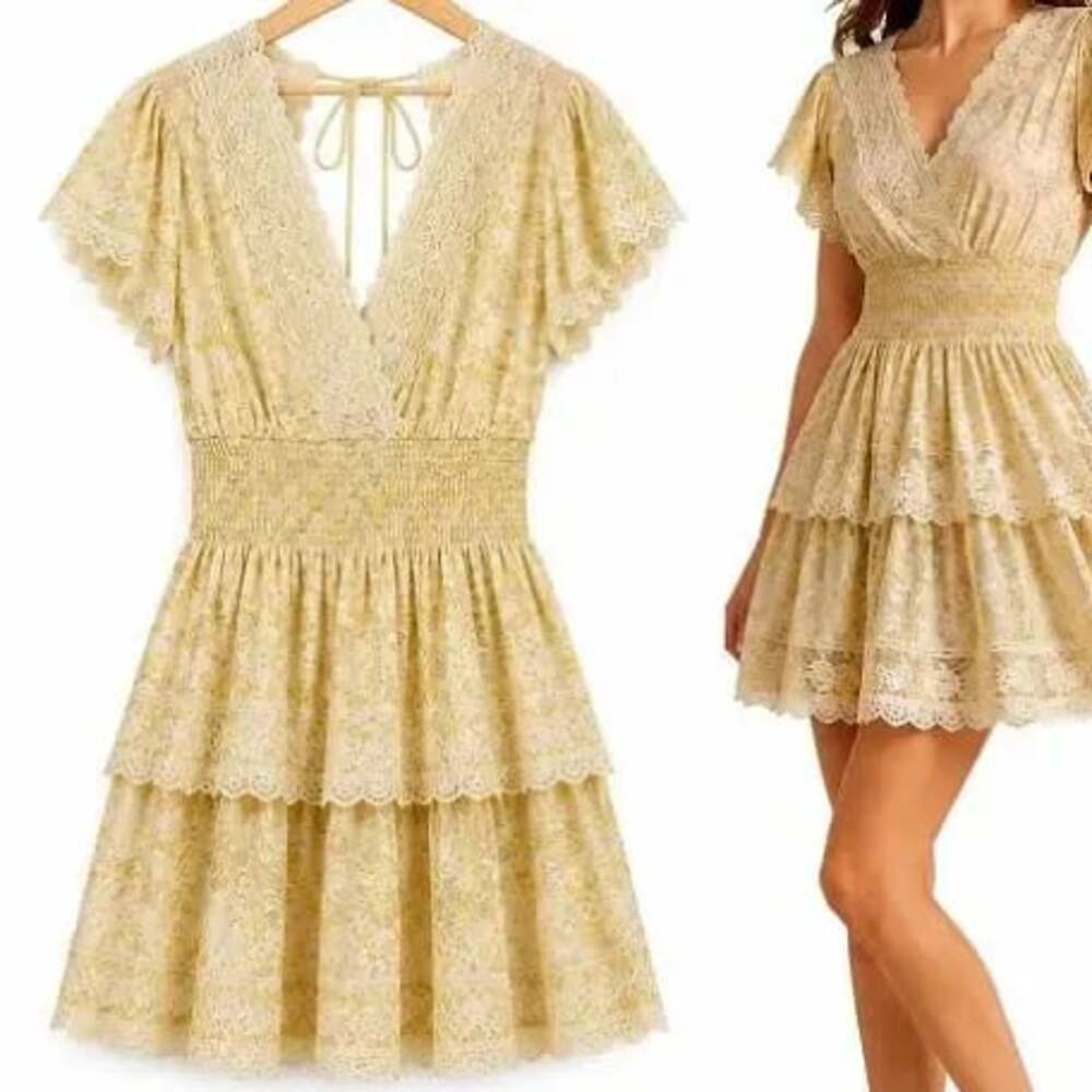 American Eagle Yellow Floral Layered Lace Boho Mini Dress - Picture 4 of 11
